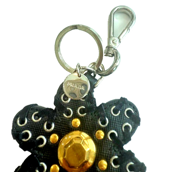 PRADA Flower BAG CHARM Key Ring Holder BLACK Leather Gold Silver METAL RARE AUTH - Picture 7 of 11